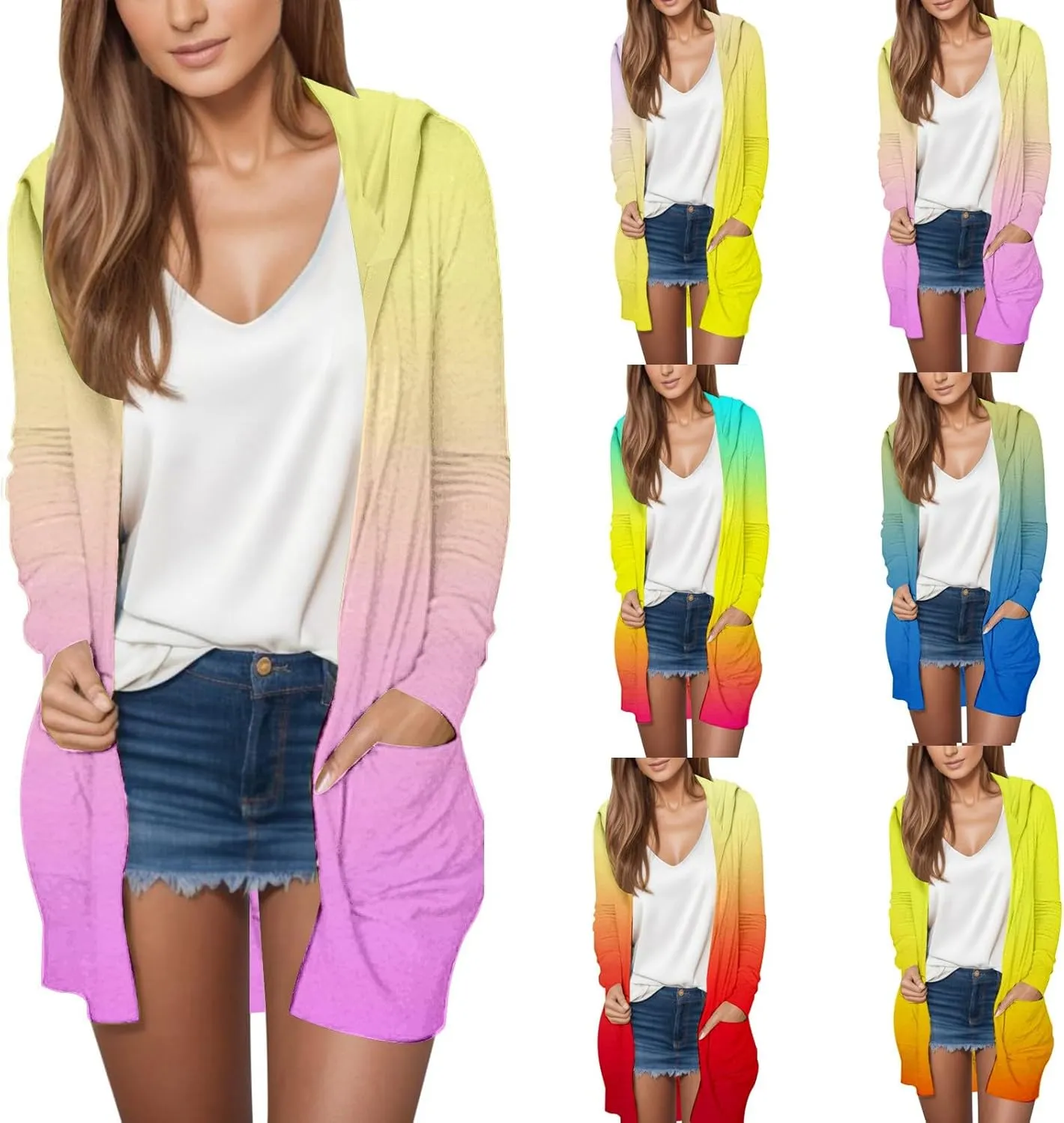 Long Cardigans for Women Trendy 2024 Summer Lightweight Casual Comfy Open Front Hooded Cardigan Sweater with Pocket