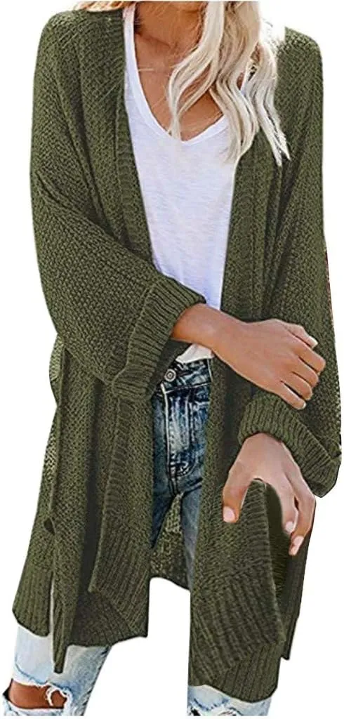 Long Chunky Knitted Cardigan for Women Balloon Sleeve Open Front Cardigans Lightweight Casual Trendy Wrap Knitwear
