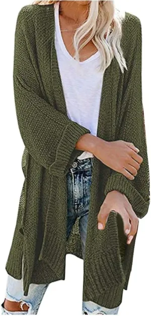 Long Chunky Knitted Cardigan for Women Balloon Sleeve Open Front Cardigans Lightweight Casual Trendy Wrap Knitwear