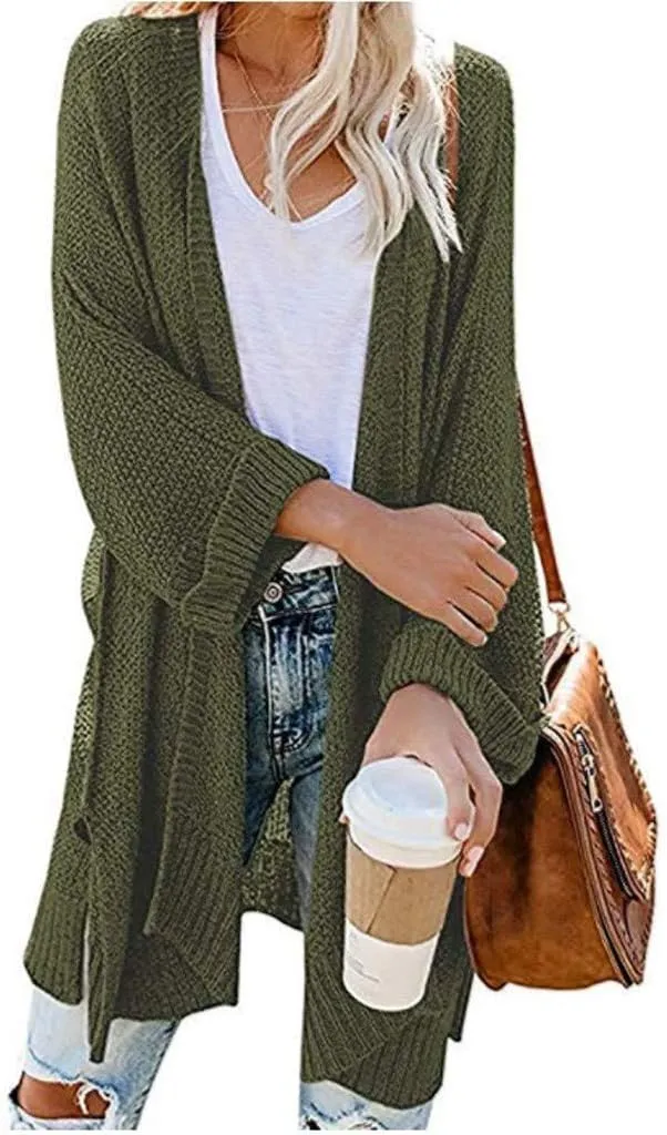 Long Chunky Knitted Cardigan for Women Balloon Sleeve Open Front Cardigans Lightweight Casual Trendy Wrap Knitwear