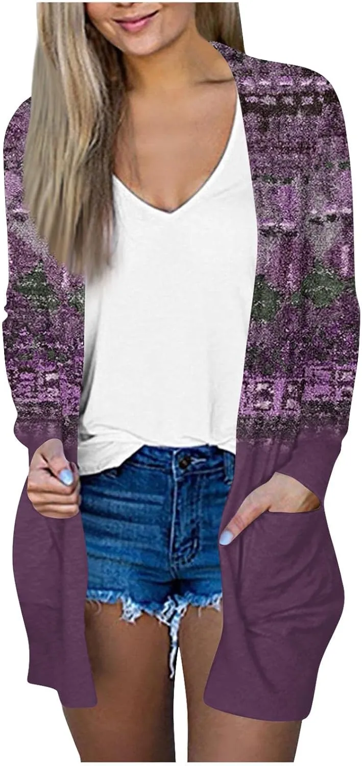 Long Sleeve Cardigan for Women Plus Size Open Front Kimono Cardigan with Pockets Elastic Loose Fit Tunic Shirts