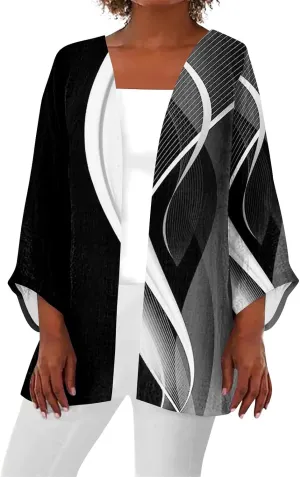 Long Sleeve Kimono for Womens Retro Print Casual Duster Blouse Tops Coat 3/4 Sleeve Jackets Lightweight Cardigans