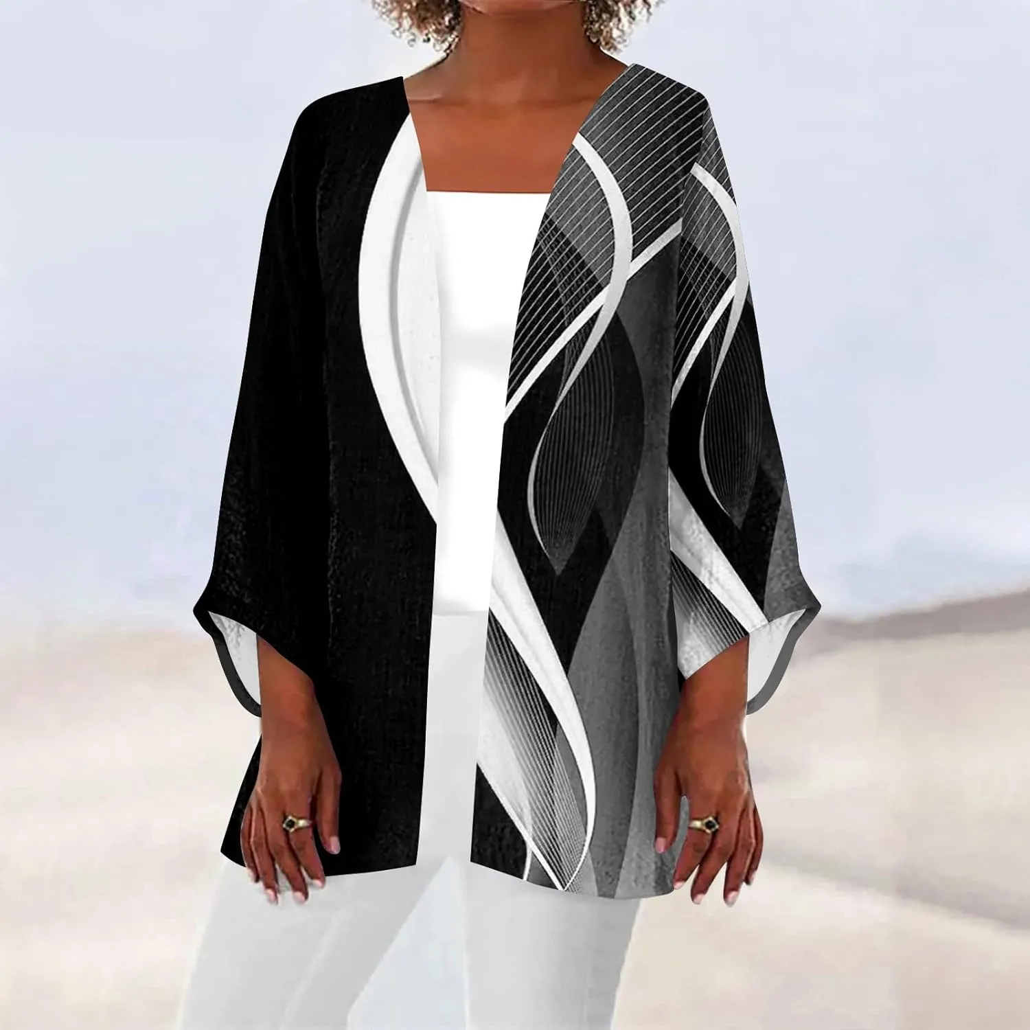 Long Sleeve Kimono for Womens Retro Print Casual Duster Blouse Tops Coat 3/4 Sleeve Jackets Lightweight Cardigans