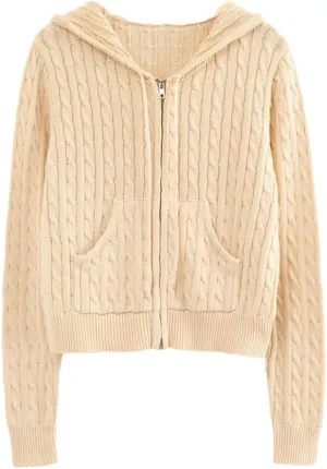 Long Sleeve Top Cropped Cardigans Women Knit Sweaters Zipper Up Cardigan Hooded Sweater Coat