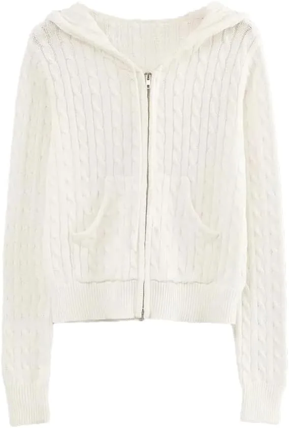 Long Sleeve Top Cropped Cardigans Women Knit Sweaters Zipper Up Cardigan Hooded Sweater Coat
