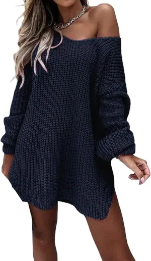 Long Sweaters for Women Cable Knit V Neck Off The Shoulder Long Sleeve Casual Loose Fit Soft Pullover Tops
