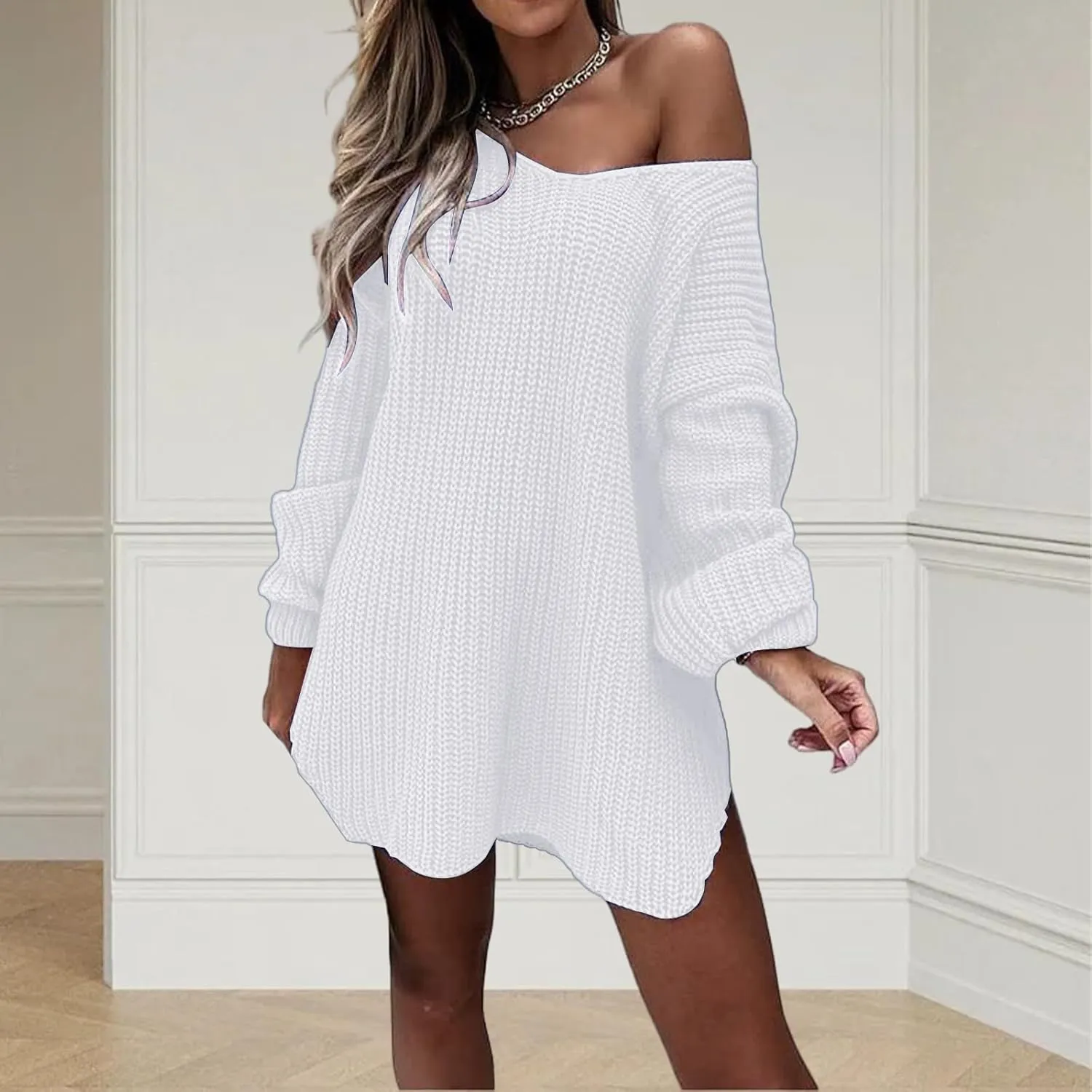 Long Sweaters for Women Cable Knit V Neck Off The Shoulder Long Sleeve Casual Loose Fit Soft Pullover Tops