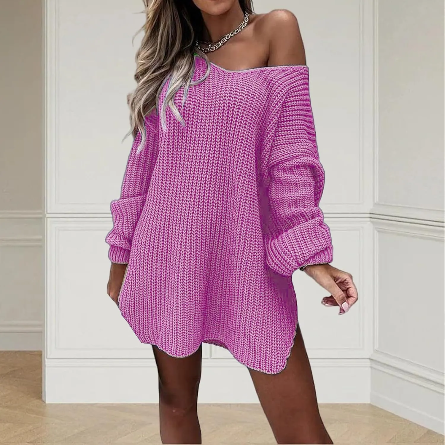 Long Sweaters for Women Cable Knit V Neck Off The Shoulder Long Sleeve Casual Loose Fit Soft Pullover Tops