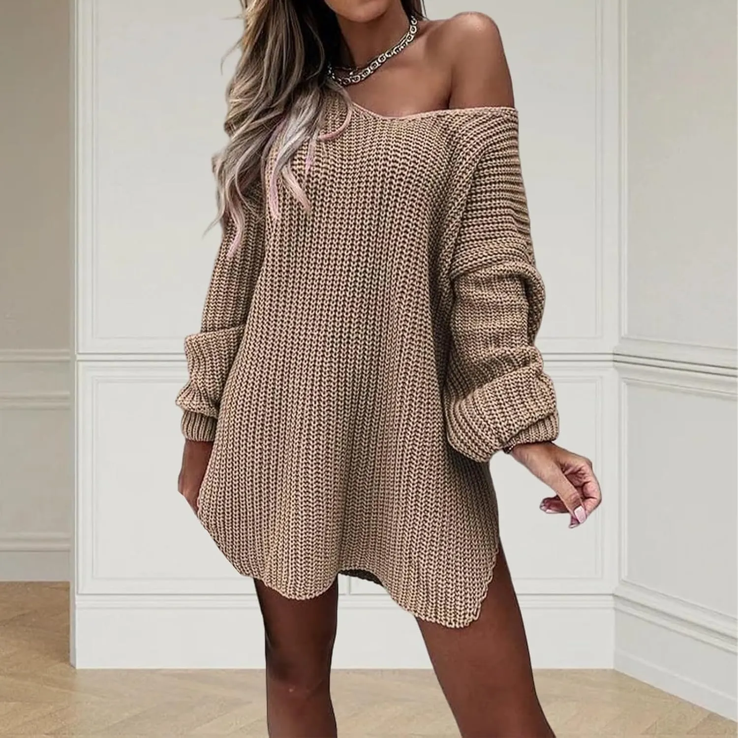 Long Sweaters for Women Cable Knit V Neck Off The Shoulder Long Sleeve Casual Loose Fit Soft Pullover Tops