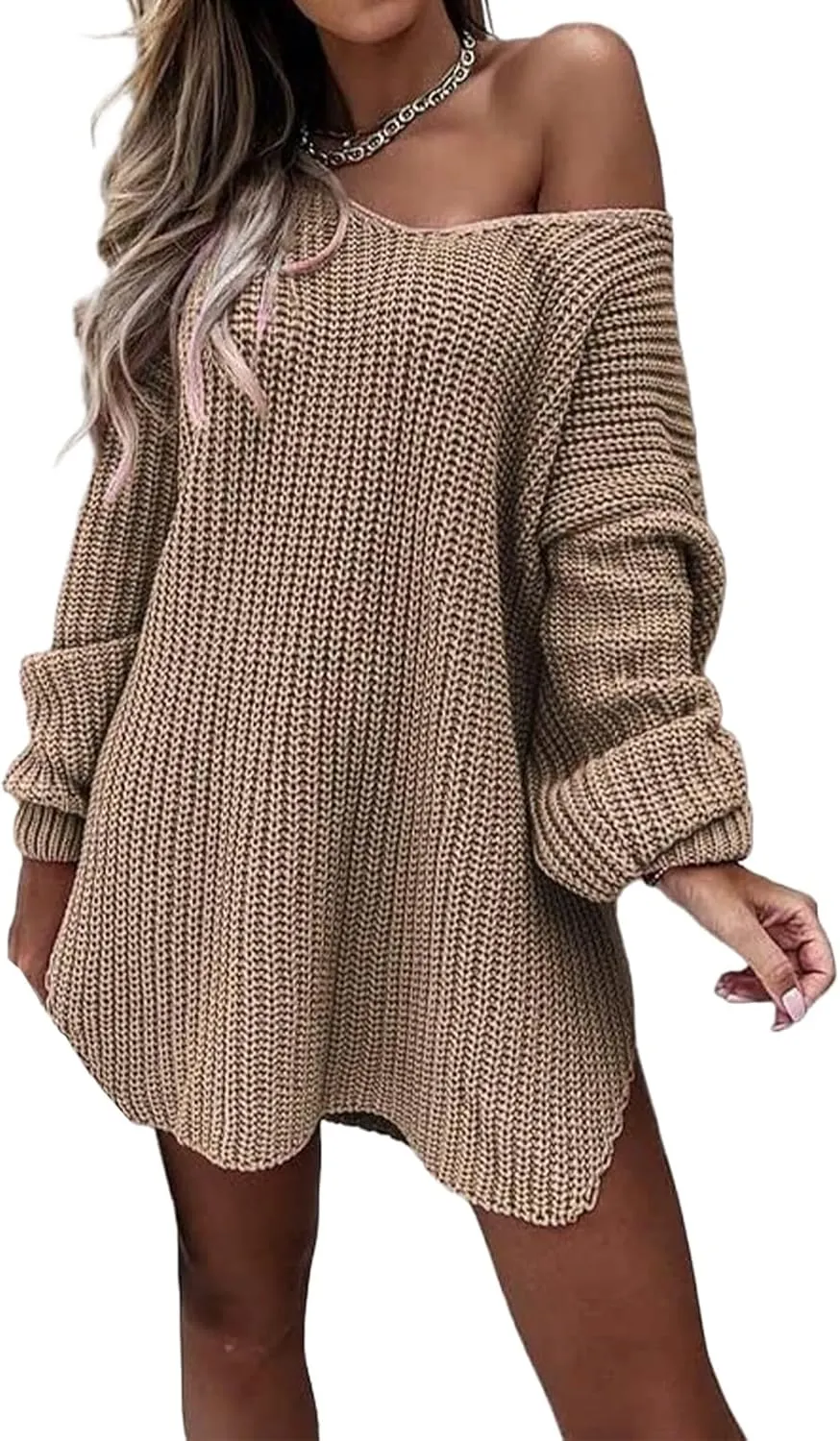 Long Sweaters for Women Cable Knit V Neck Off The Shoulder Long Sleeve Casual Loose Fit Soft Pullover Tops