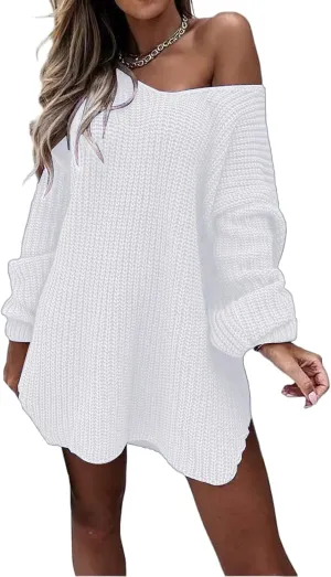 Long Sweaters for Women Cable Knit V Neck Off The Shoulder Long Sleeve Casual Loose Fit Soft Pullover Tops