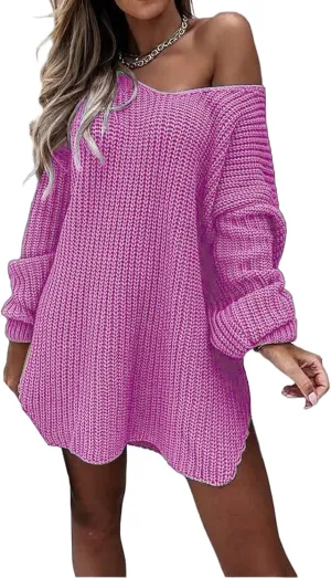 Long Sweaters for Women Cable Knit V Neck Off The Shoulder Long Sleeve Casual Loose Fit Soft Pullover Tops