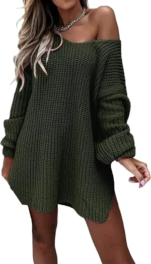 Long Sweaters for Women Cable Knit V Neck Off The Shoulder Long Sleeve Casual Loose Fit Soft Pullover Tops