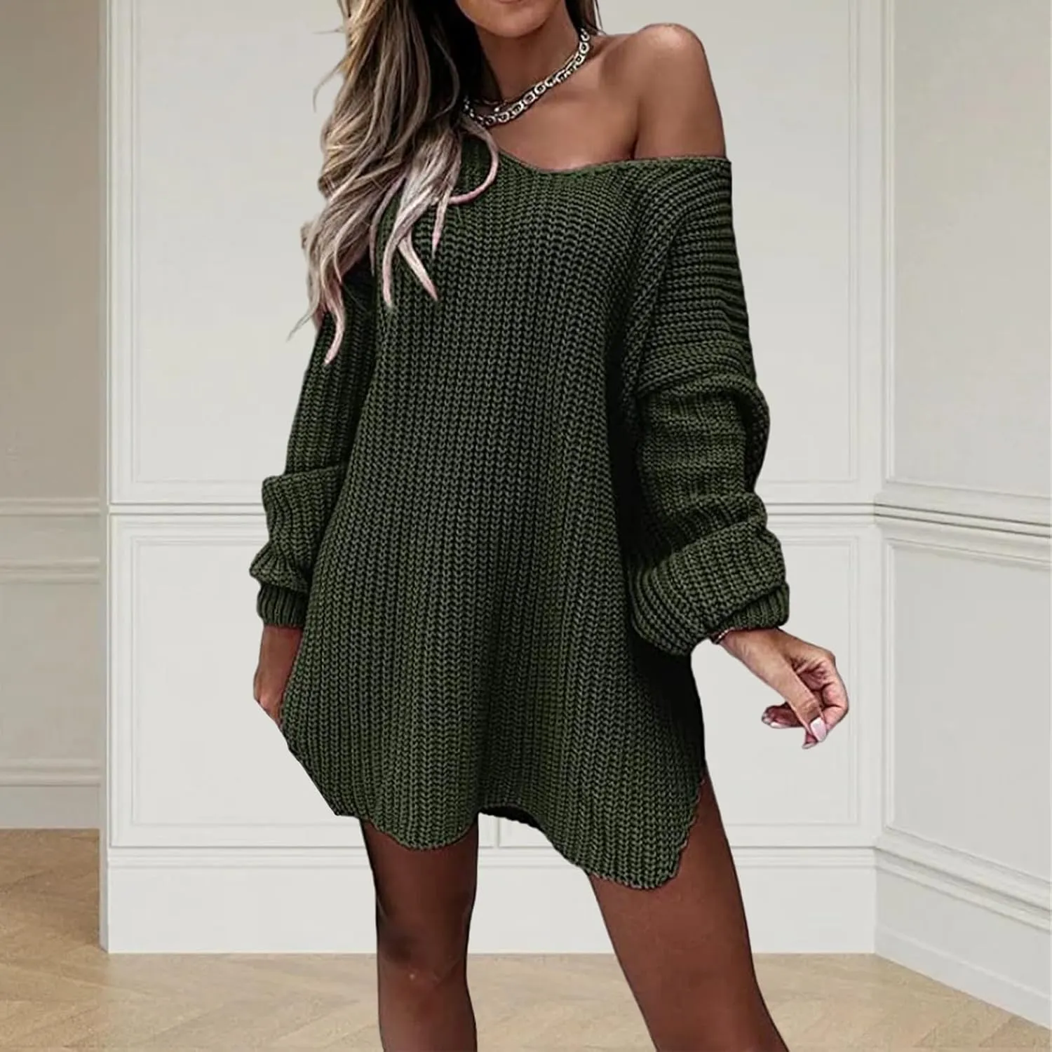 Long Sweaters for Women Cable Knit V Neck Off The Shoulder Long Sleeve Casual Loose Fit Soft Pullover Tops