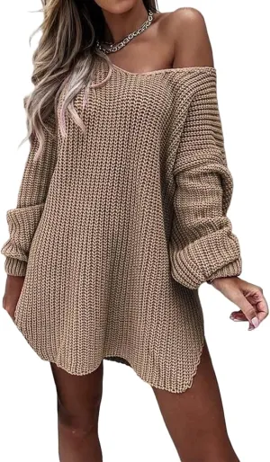 Long Sweaters for Women Cable Knit V Neck Off The Shoulder Long Sleeve Casual Loose Fit Soft Pullover Tops