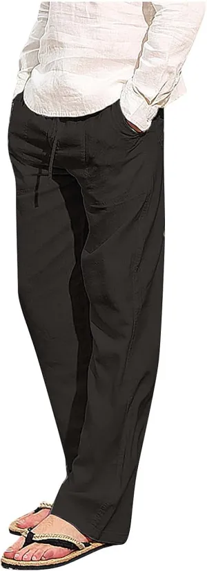 Men Fashion Cotton Linen Plus Size Casual Elastic Waist Pockets Long Pants