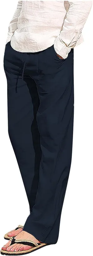 Men Fashion Cotton Linen Plus Size Casual Elastic Waist Pockets Long Pants