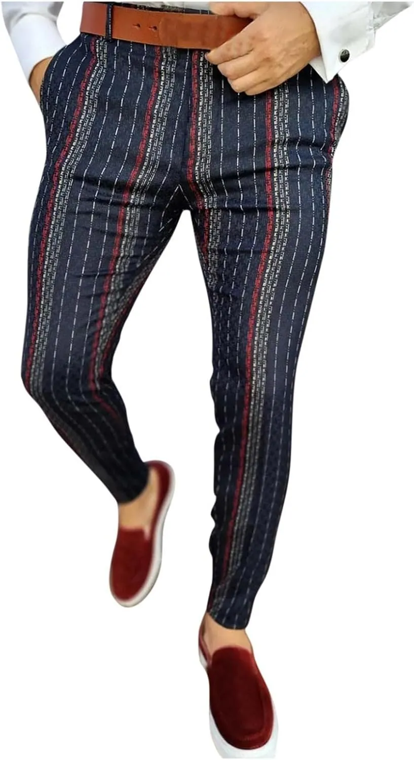 Men Plaid Slant Pocket Tapered Pants Slim Fit Stretch Flat Front Business Golf Pencil Pants Modern Grid Tailored Pants
