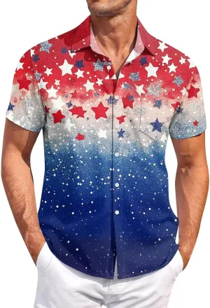Men's American Flag Print Patriotic Shirt Casual Short Sleeve Hawaiian Button Down Top Summer Vacation Beach Party Blouse