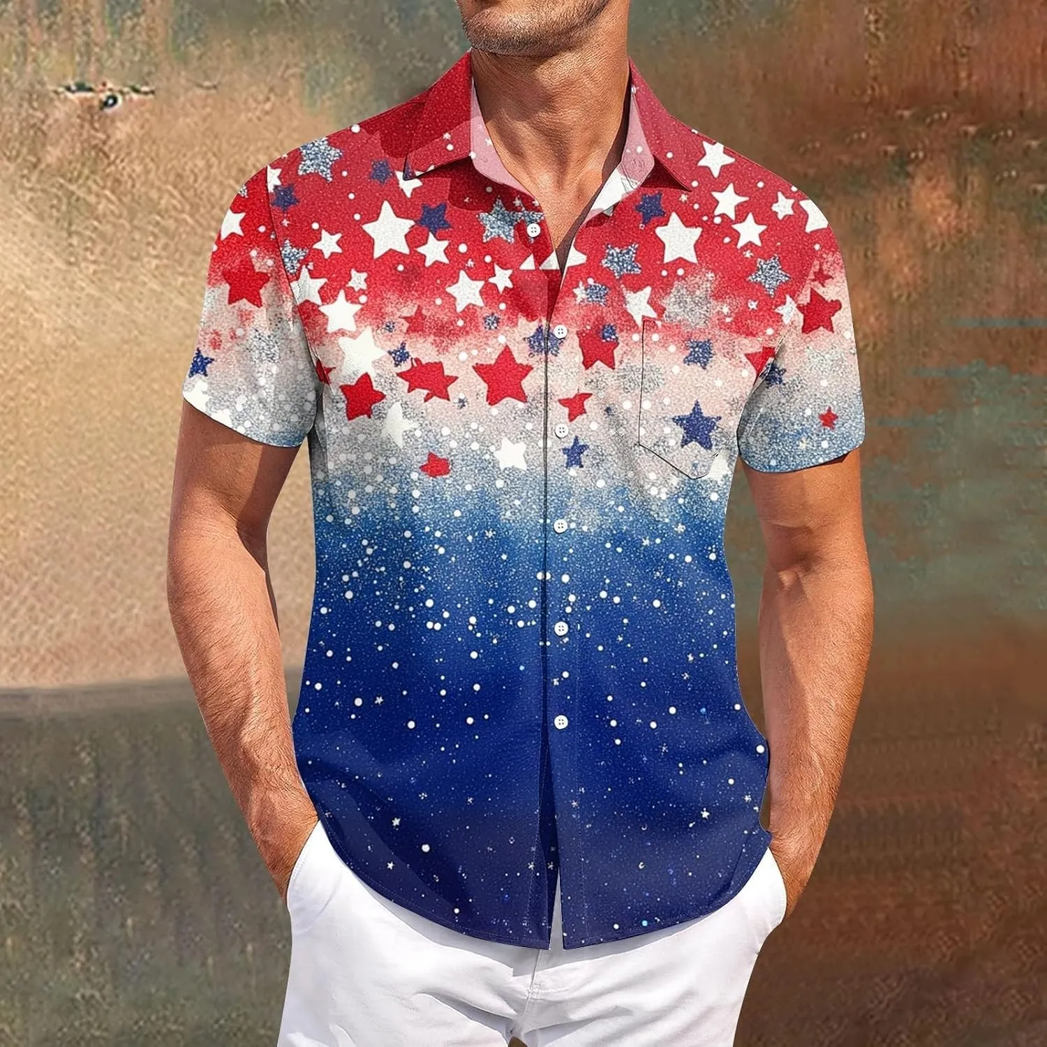 Men's American Flag Print Patriotic Shirt Casual Short Sleeve Hawaiian Button Down Top Summer Vacation Beach Party Blouse