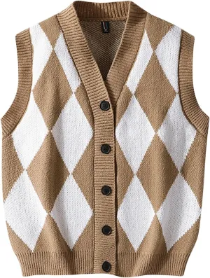 Mens Argyle Print Sweater Vest Button V Neck Fall Cardigan Casual Sleeveless Knitted Houndstooth Jumper Blouses