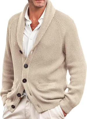 Men's Button Casual Cardigans Shawl Collar Cardigan with Pockets Slim Fit Cable Knit Button Down Cardigan Sweater