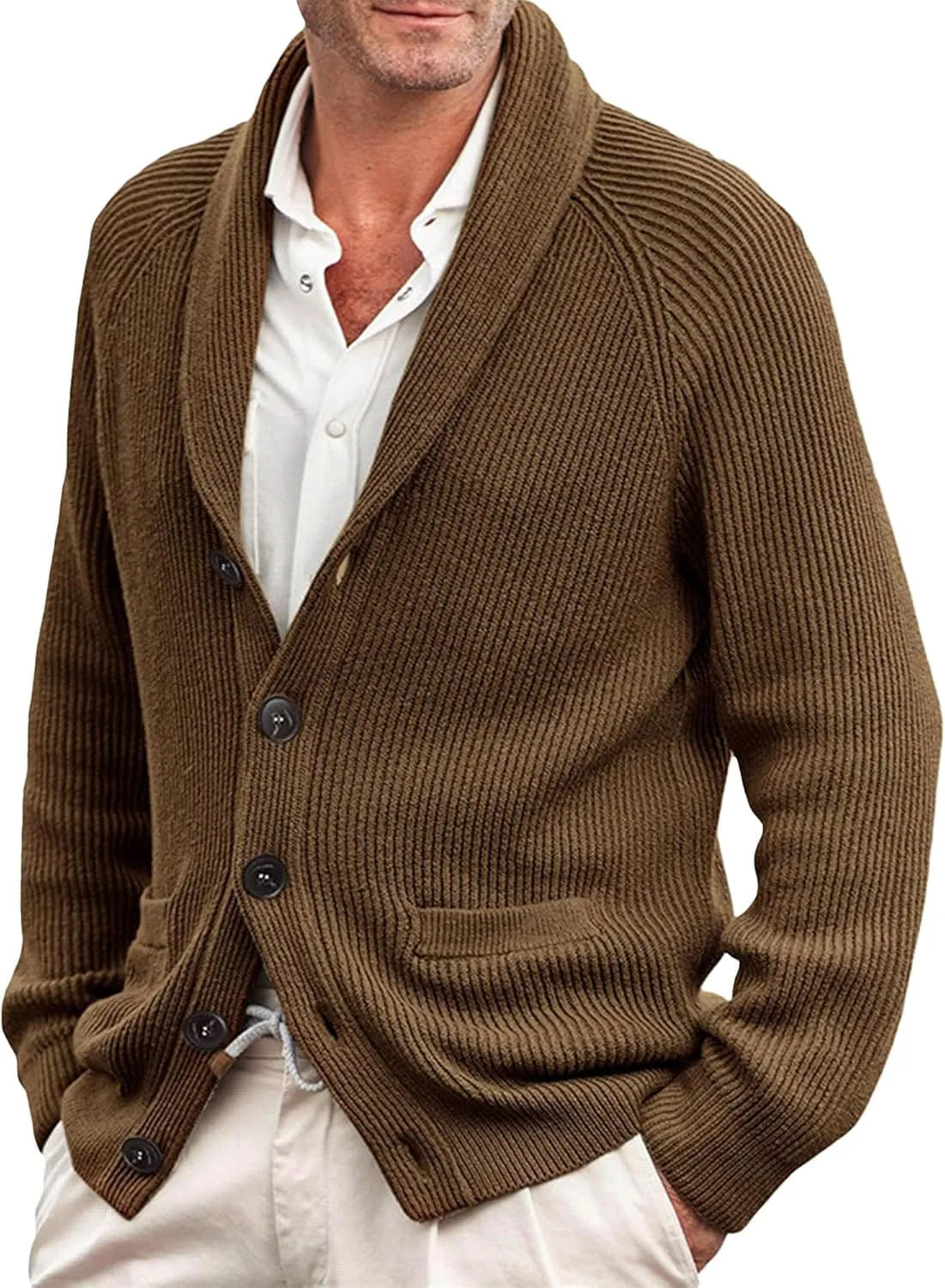 Men's Button Casual Cardigans Shawl Collar Cardigan with Pockets Slim Fit Cable Knit Button Down Cardigan Sweater