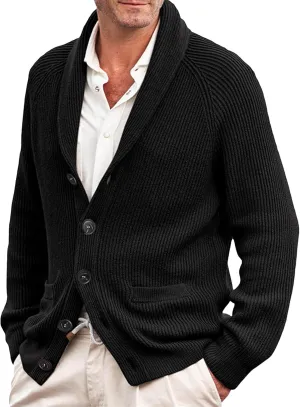 Men's Button Casual Cardigans Shawl Collar Cardigan with Pockets Slim Fit Cable Knit Button Down Cardigan Sweater
