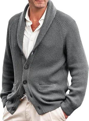 Men's Button Casual Cardigans Shawl Collar Cardigan with Pockets Slim Fit Cable Knit Button Down Cardigan Sweater