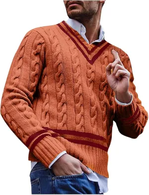 Mens Cable Knit V Neck Sweaters Color Block Pullover Sweater Long Sleeve Twist Sweater Casual Pullover Fashion Tops