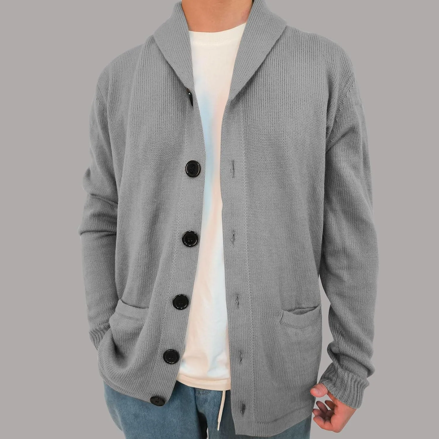 Mens Cardigan Sweater Lightweight Open Front Cardigan Button Down Knit Sweater Casual Long Sleeve Sweater with Pocket