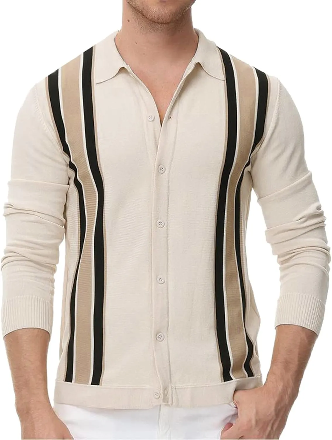 Mens Cardigan Sweater Men's Stripped Button Down Sweaters Label Collar V-Neck Knitted Cardigans Coat Top
