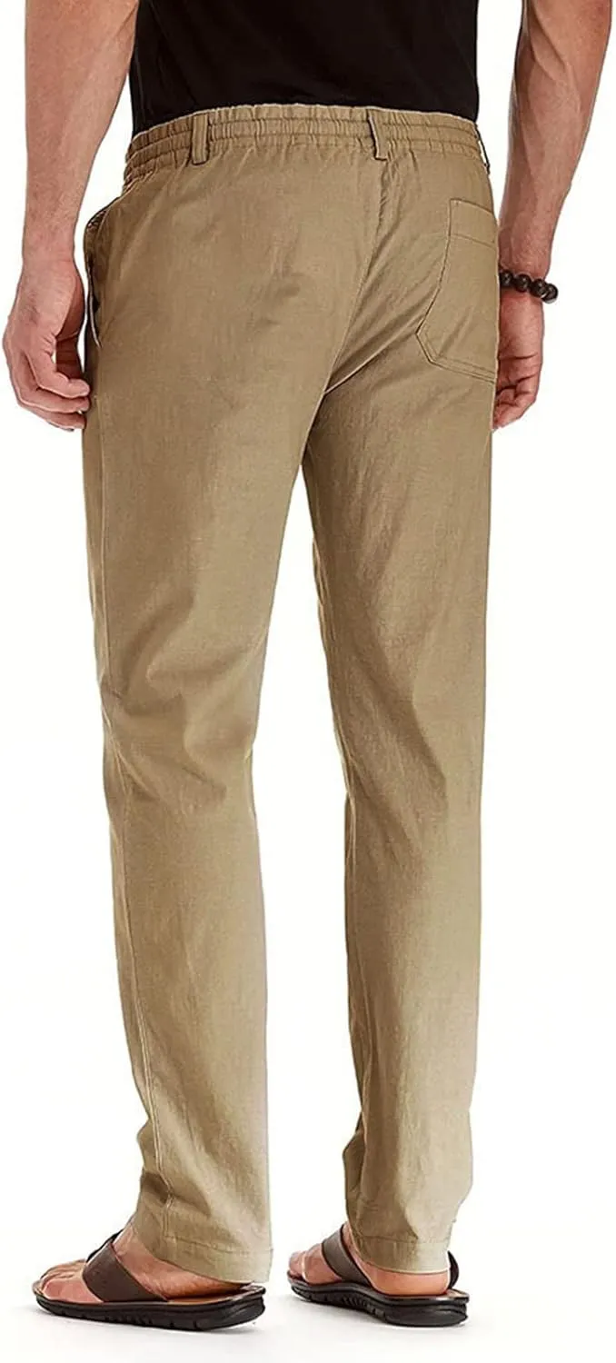Men's Casual Cotton Pants Regular Fit Elastic Waist Straight Leg Chino Pants