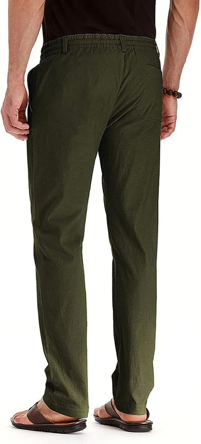Men's Casual Cotton Pants Regular Fit Elastic Waist Straight Leg Chino Pants