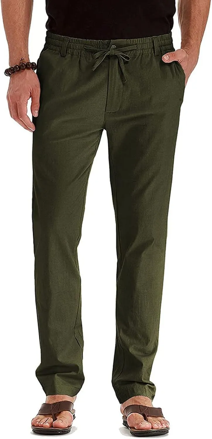 Men's Casual Cotton Pants Regular Fit Elastic Waist Straight Leg Chino Pants