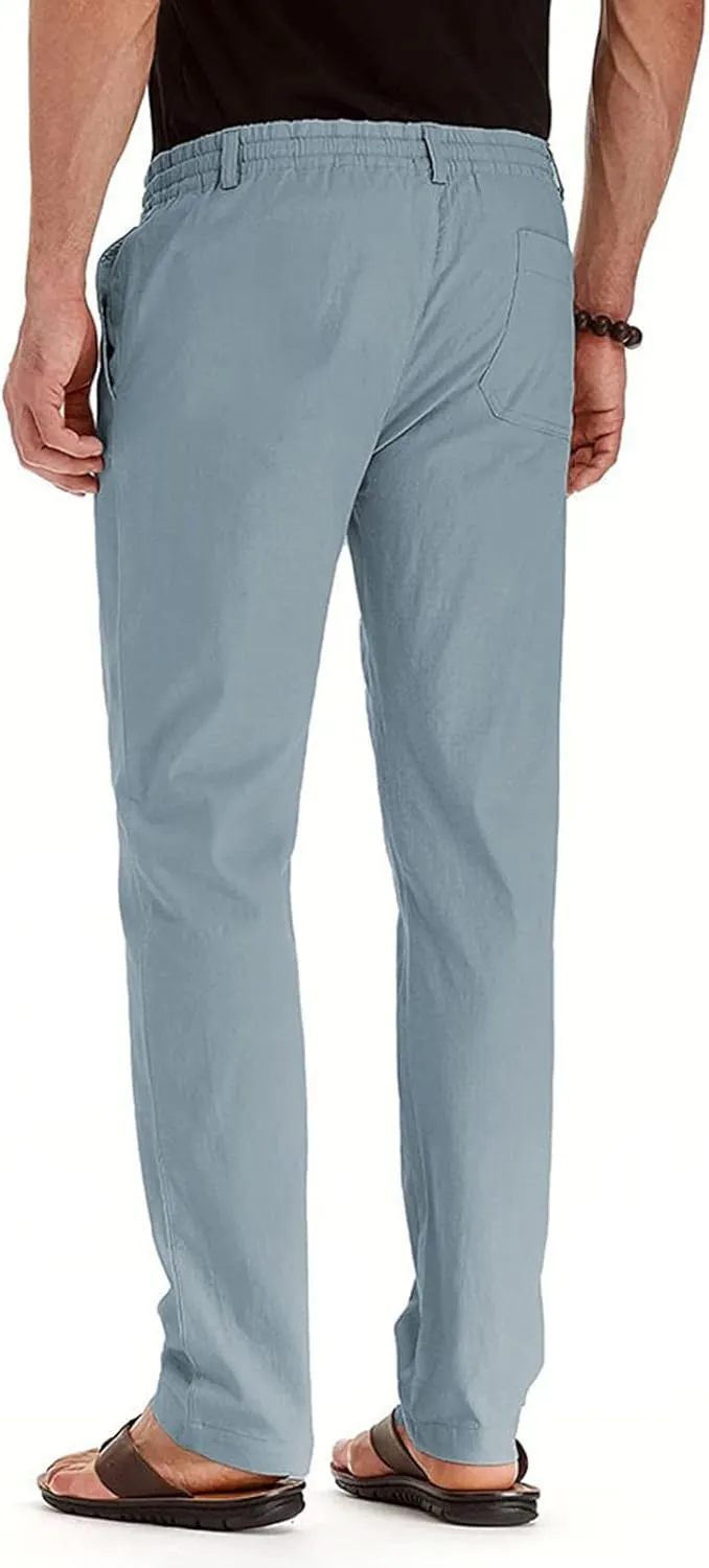Men's Casual Cotton Pants Regular Fit Elastic Waist Straight Leg Chino Pants