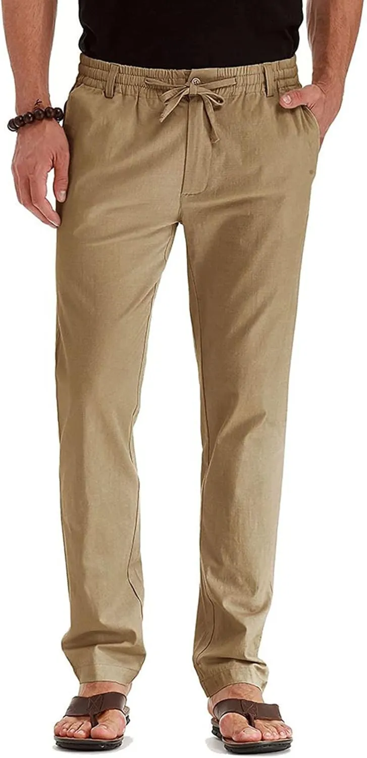 Men's Casual Cotton Pants Regular Fit Elastic Waist Straight Leg Chino Pants