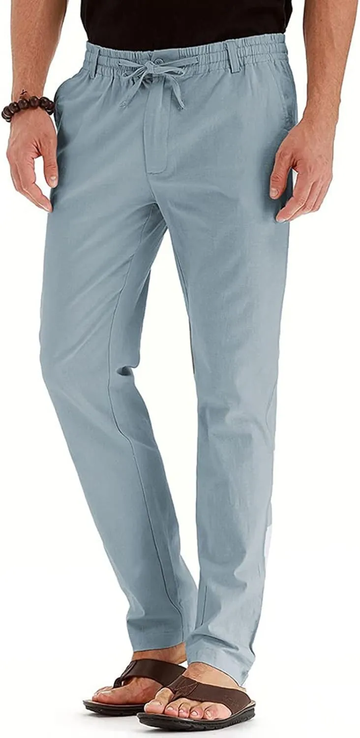 Men's Casual Cotton Pants Regular Fit Elastic Waist Straight Leg Chino Pants