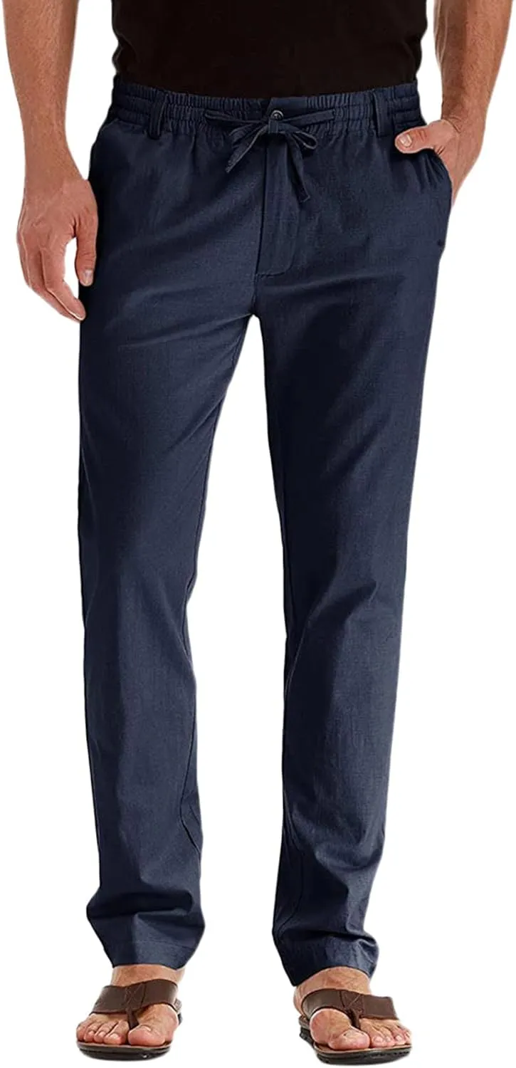 Men's Casual Cotton Pants Regular Fit Elastic Waist Straight Leg Chino Pants