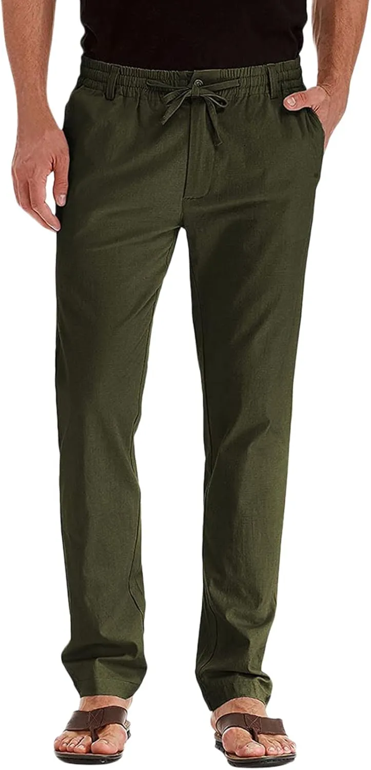 Men's Casual Cotton Pants Regular Fit Elastic Waist Straight Leg Chino Pants