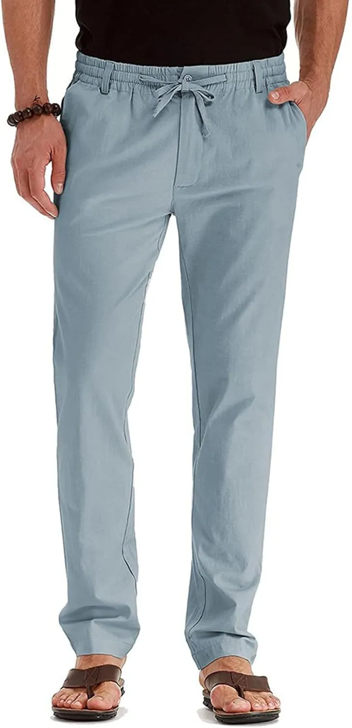 Men's Casual Cotton Pants Regular Fit Elastic Waist Straight Leg Chino Pants