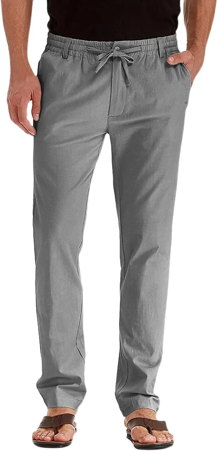 Men's Casual Cotton Pants Regular Fit Elastic Waist Straight Leg Chino Pants