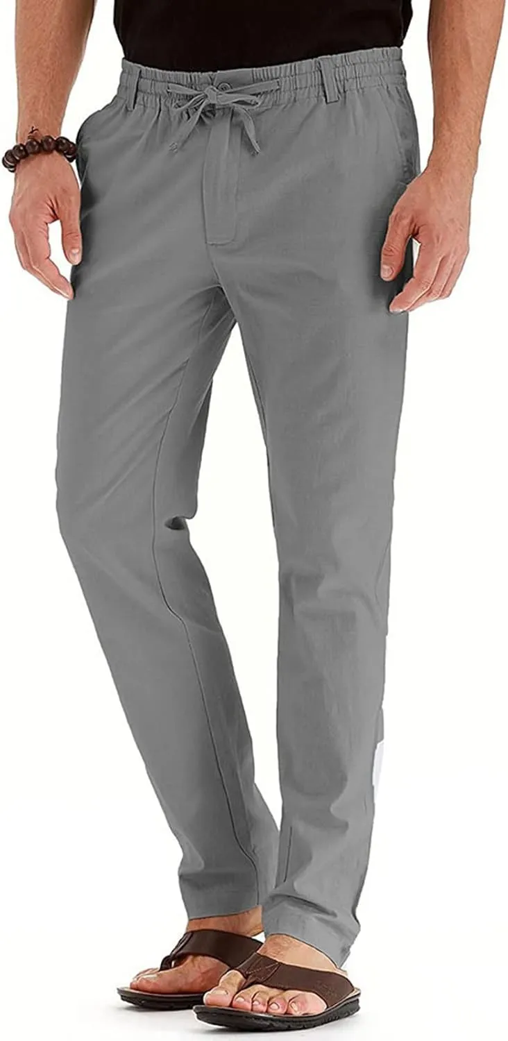 Men's Casual Cotton Pants Regular Fit Elastic Waist Straight Leg Chino Pants