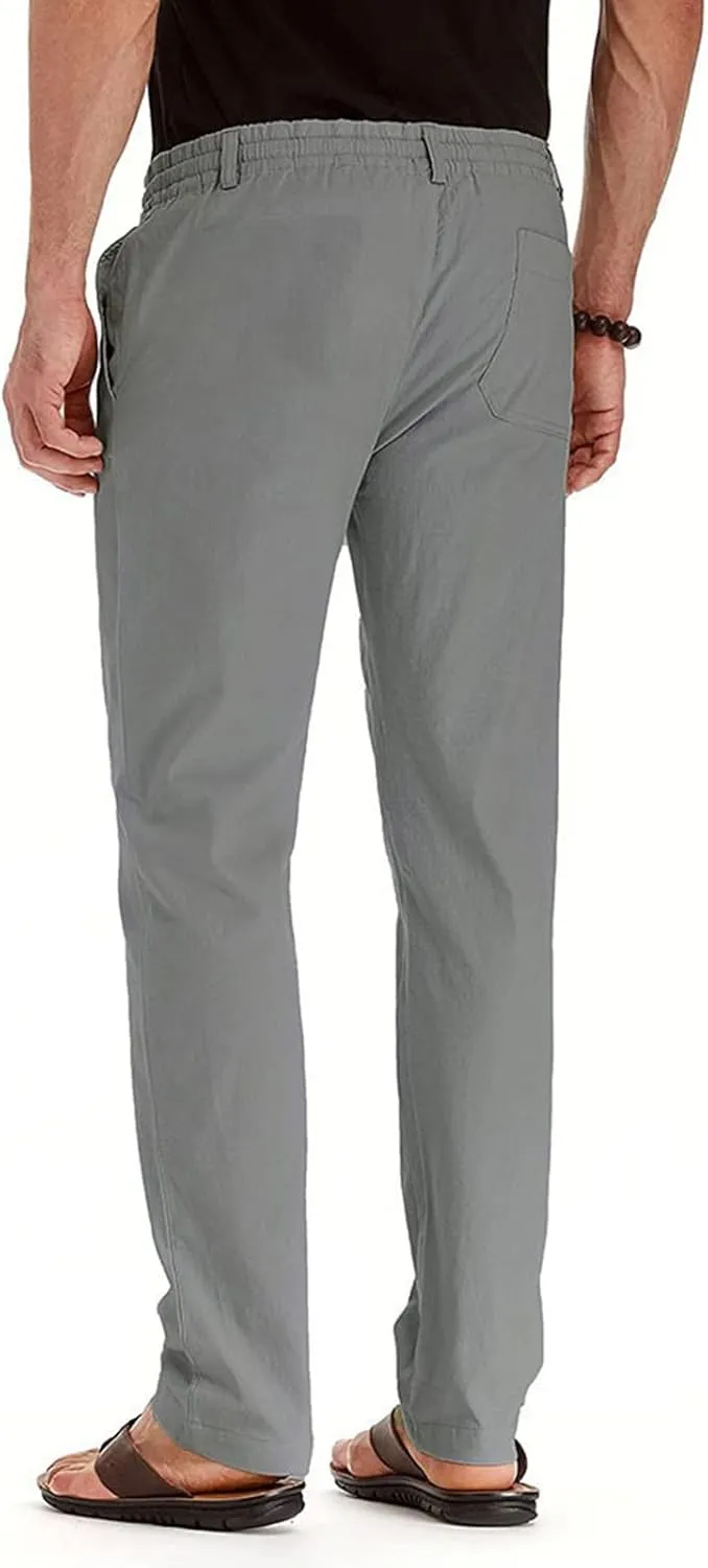 Men's Casual Cotton Pants Regular Fit Elastic Waist Straight Leg Chino Pants