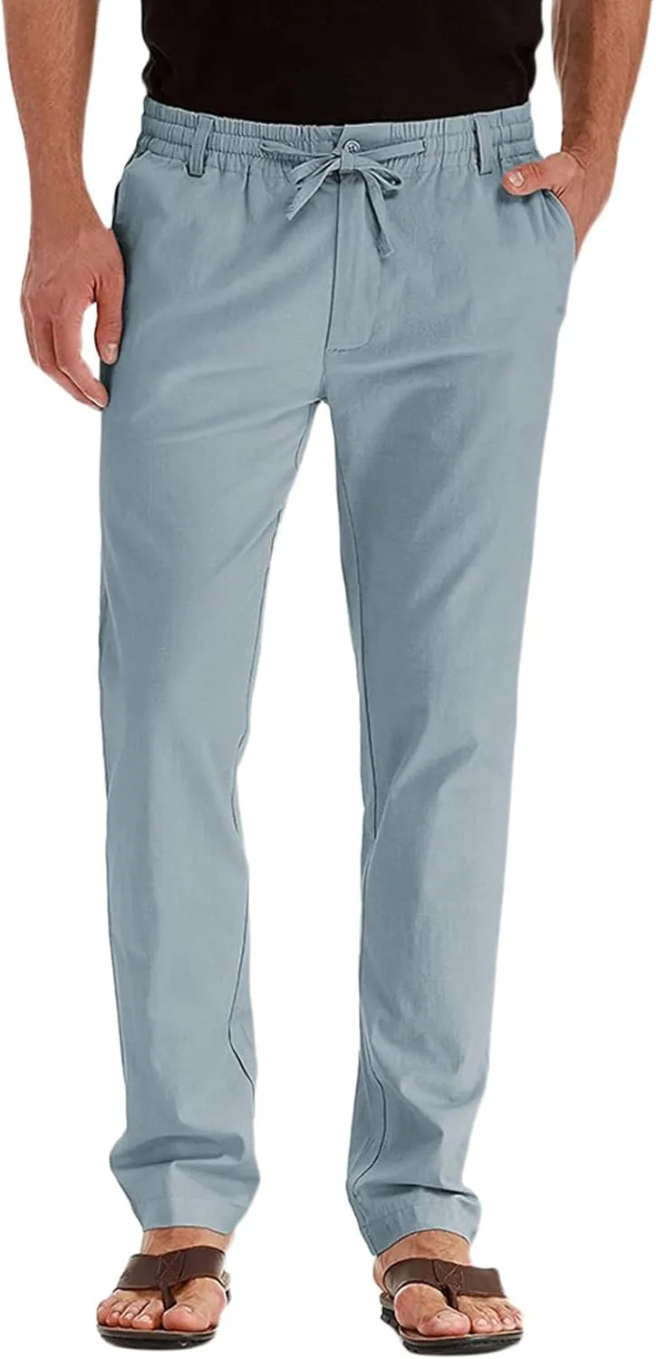 Men's Casual Cotton Pants Regular Fit Elastic Waist Straight Leg Chino Pants