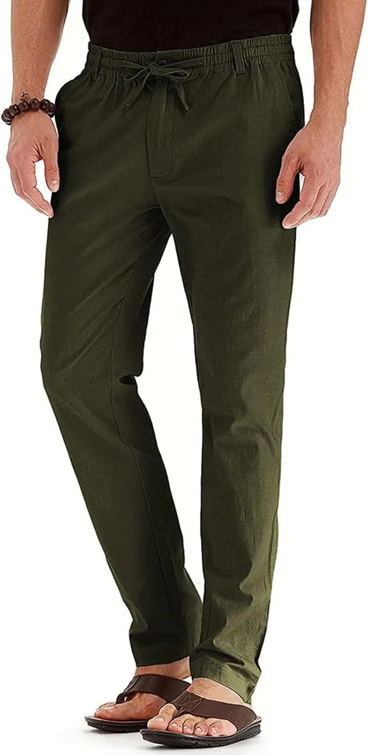 Men's Casual Cotton Pants Regular Fit Elastic Waist Straight Leg Chino Pants