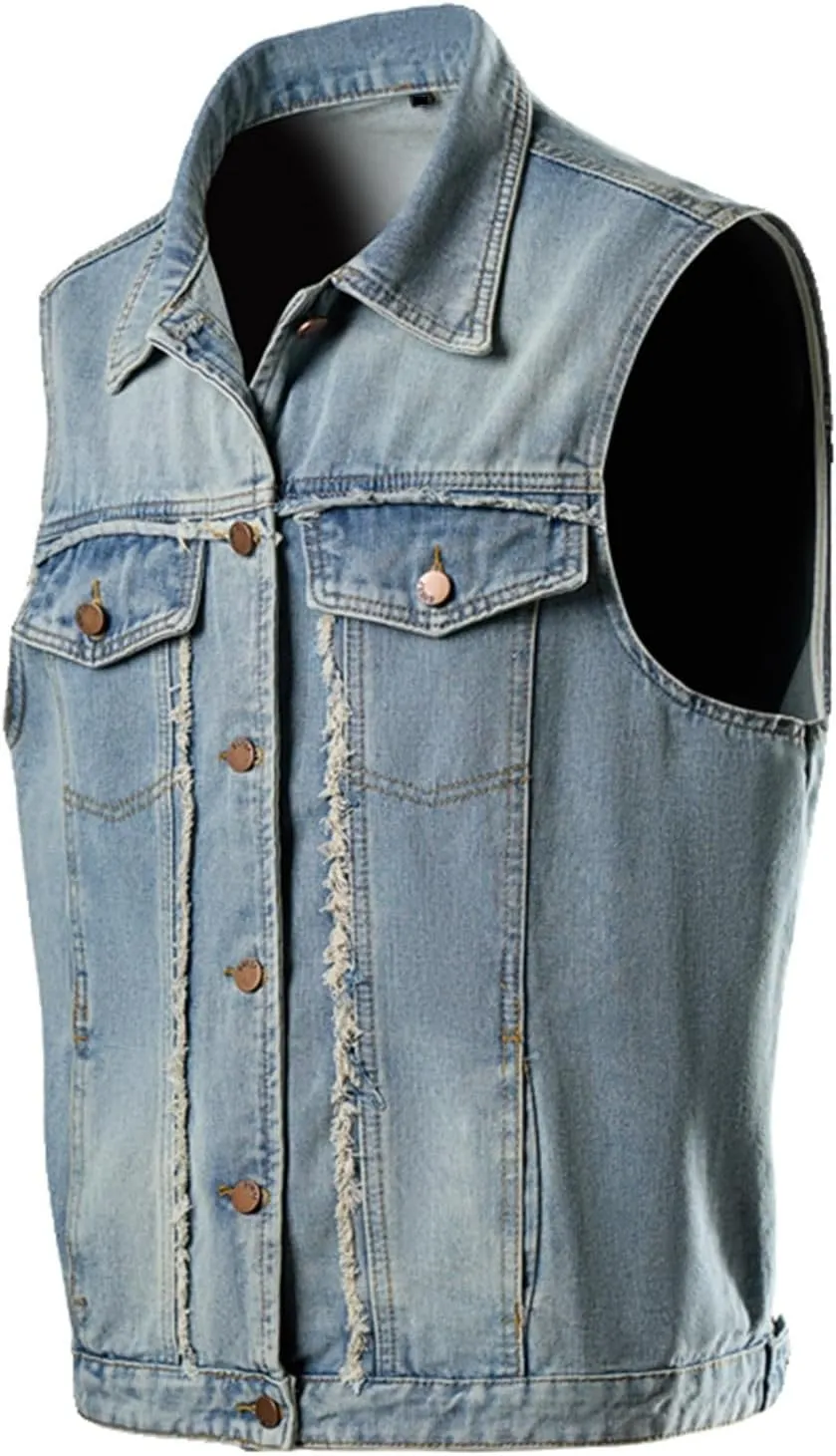 Mens Casual Denim Vest Vintage Distressed Jean Vest Button Down Sleeveless Motorcycle Biker Jacket with Pockets