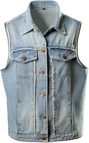 Mens Casual Denim Vest Vintage Distressed Jean Vest Button Down Sleeveless Motorcycle Biker Jacket with Pockets