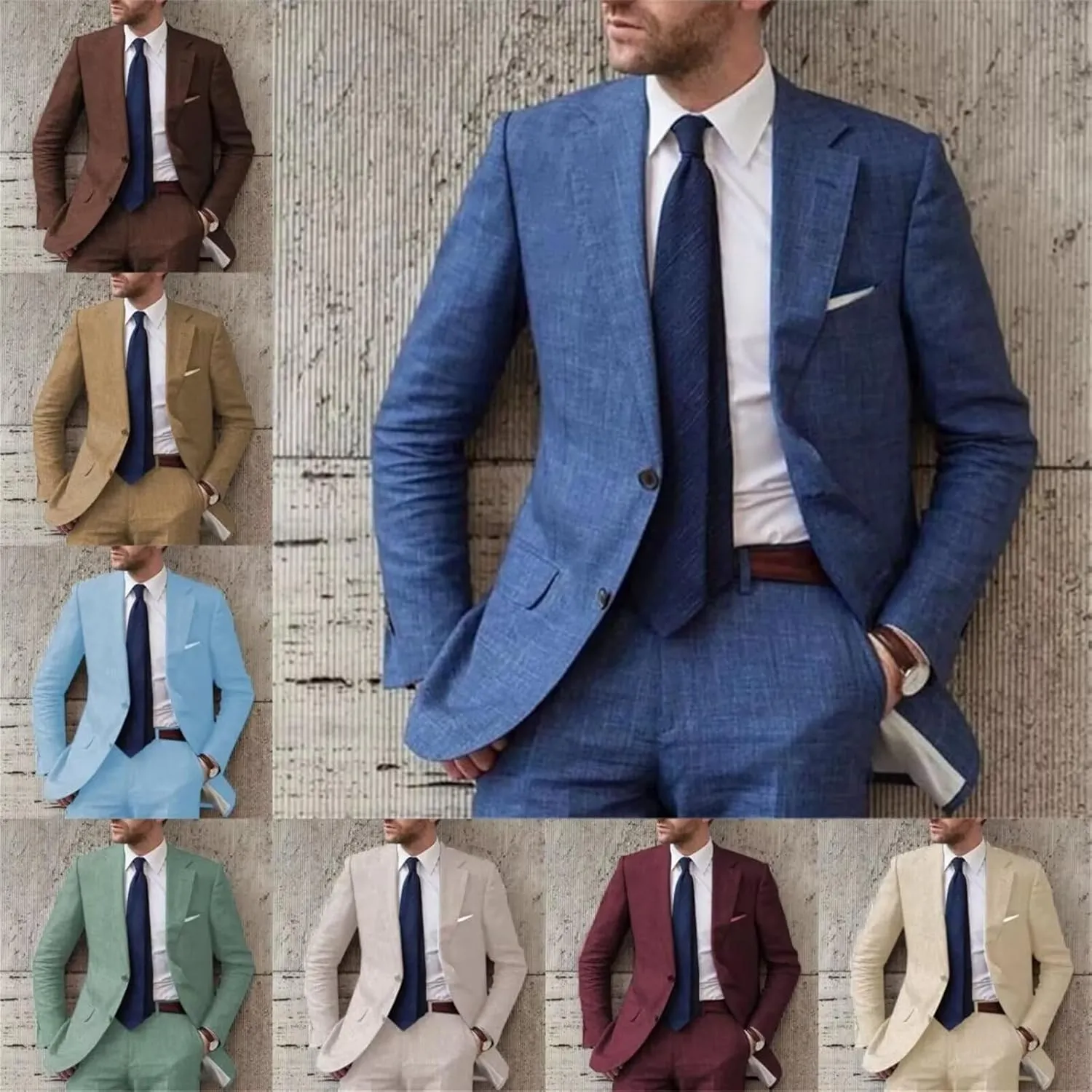 Mens Casual Linen Tailored Beach Wedding Slim Fit Tuxedo Suit Blazer Business Blazer Pants Men's Summer 2 Piece Suit Set