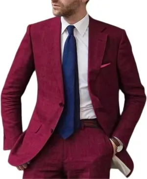 Mens Casual Linen Tailored Beach Wedding Slim Fit Tuxedo Suit Blazer Business Blazer Pants Men's Summer 2 Piece Suit Set